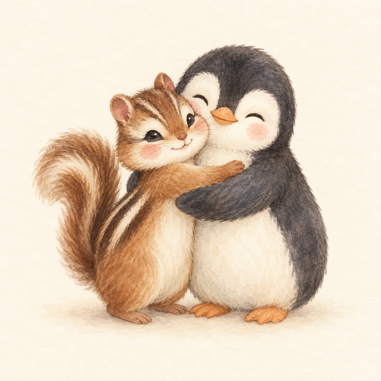 A chipmunk and a penguin hugging gently