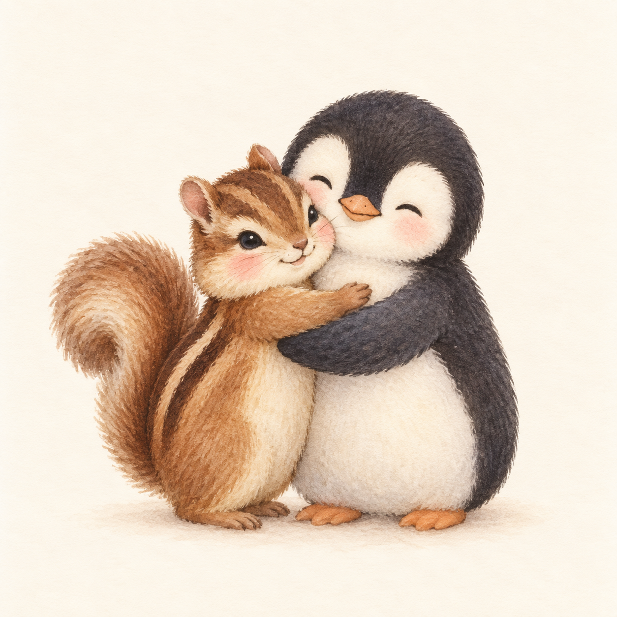 A chipmunk and a penguin sharing a sweet kiss